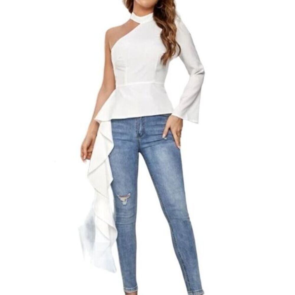 White‎ Asymmetric One Sleeve Blouse | Vonda | Large | NWT